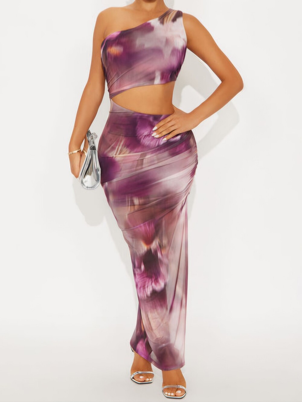 One-Shoulder Purple Tie-Dye Cutout Maxi Dress